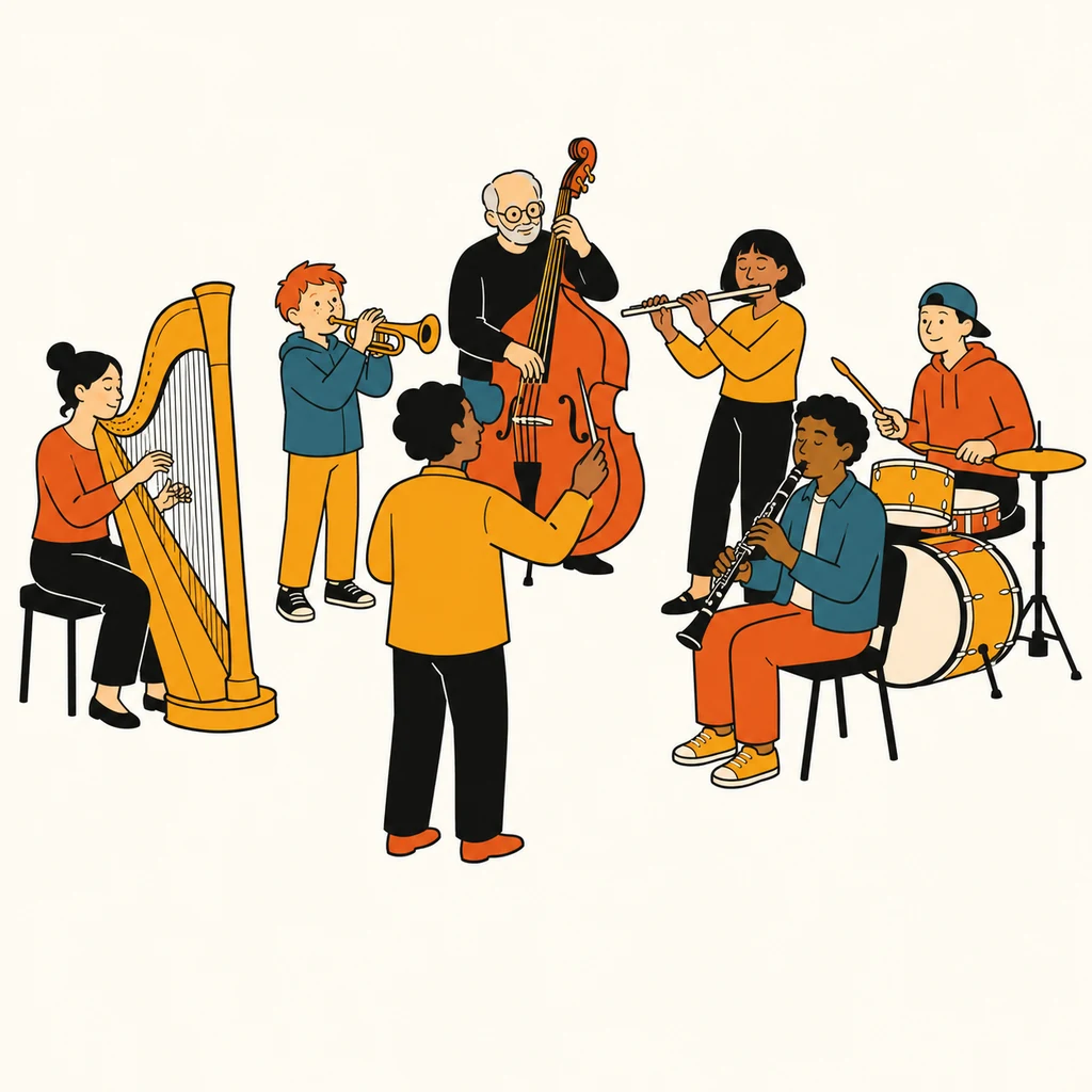 Illustration : un ensemble de musiciens de tous âges à la harpe, à la trompette, à la contrebasse, à la flûte, à la clarinette et à la batterie, réunis autour d'un chef