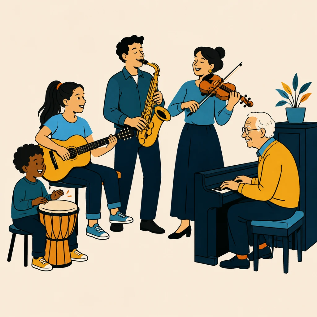 Illustration : un enfant au djembé, une adolescente à la guitare, un adulte au saxophone, une femme au violon et un homme âgé au piano jouent ensemble